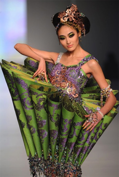 Greeen and purple cone gown